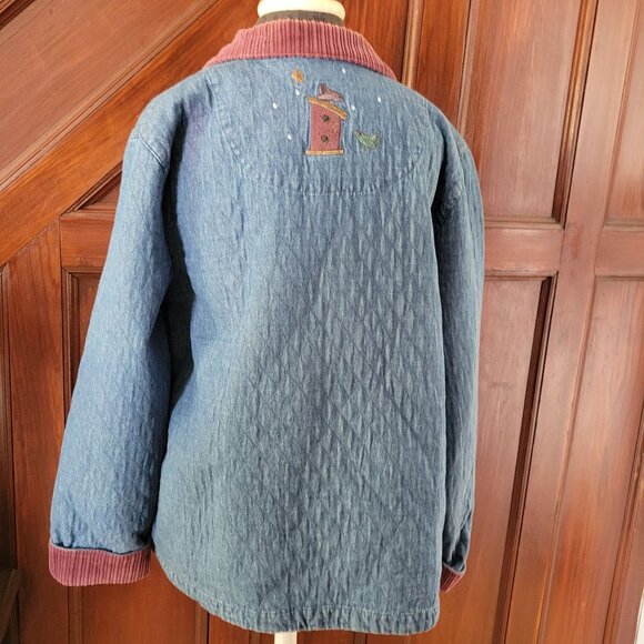 Christopher Banks Quilted Denim Jacket Corduroy Trim Snowman Embroidery Medium - Picture 6 of 11